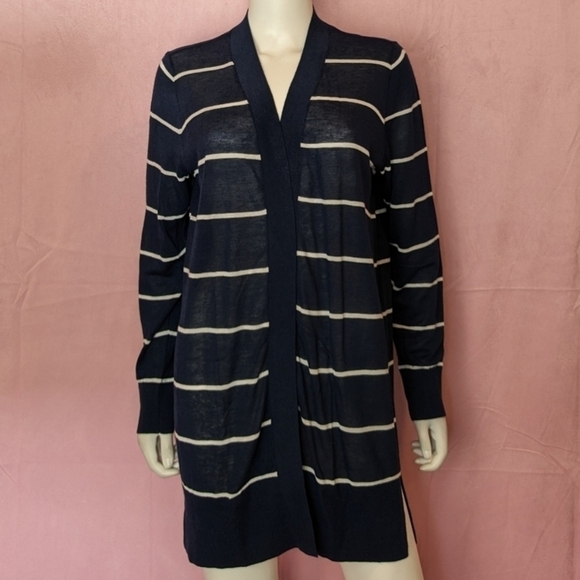 LOFT Blue and White Striped Open Front Preppy Ramie Blend Cardigan size Large - Picture 1 of 7